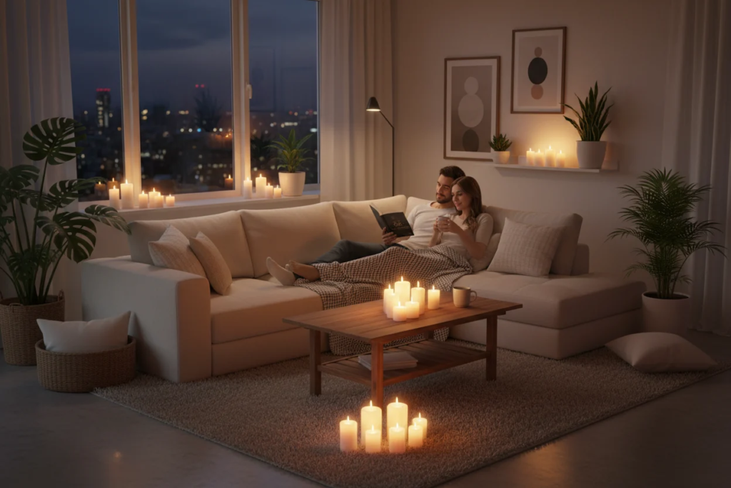 Beautiful and useful home living space with stylish décor, smart storage, indoor plants, and organized furniture